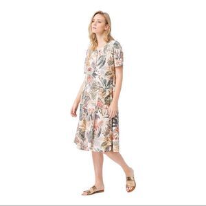 Peter Hahn Floral Cotton Fit Flare Midi Dress Cream Green US 8 NWT